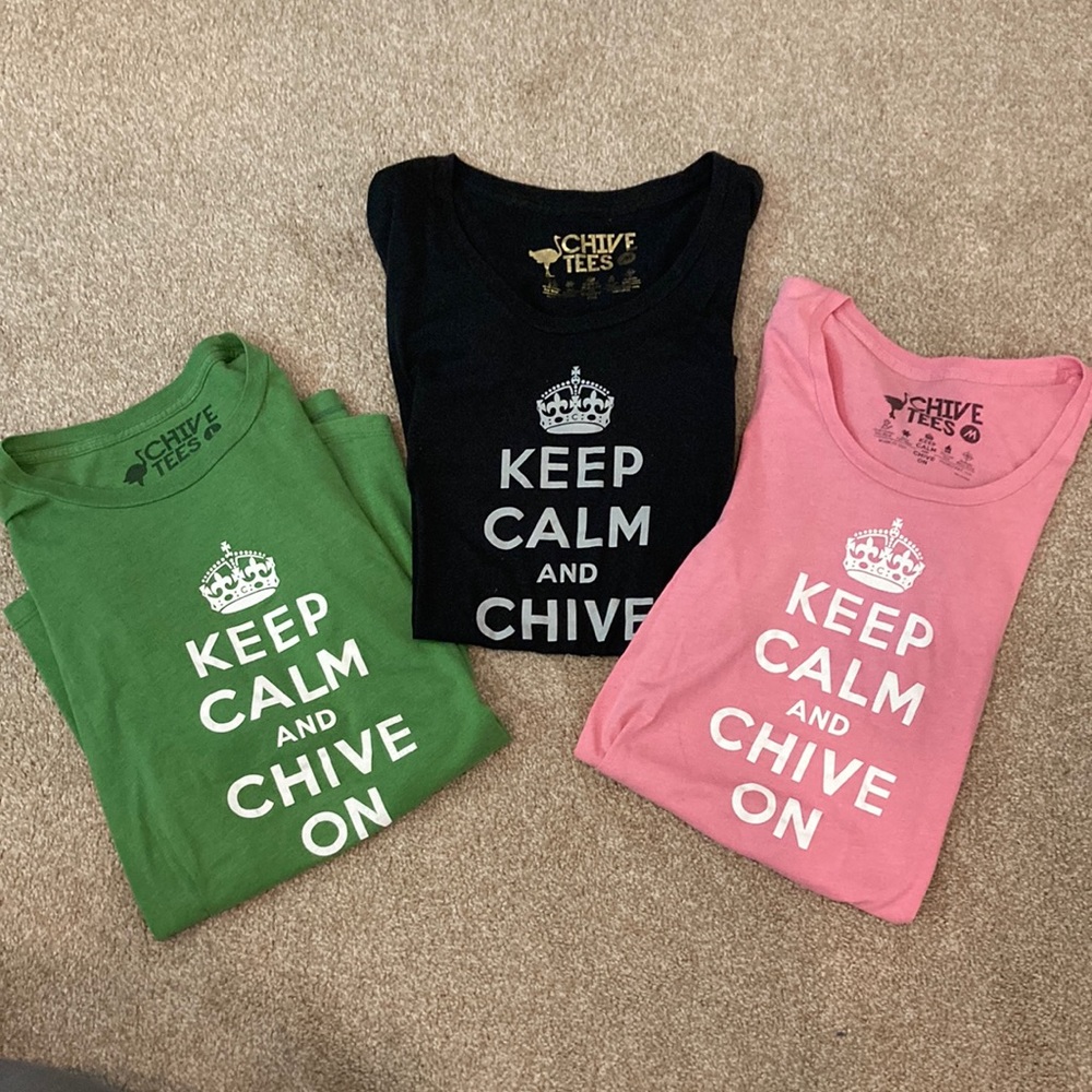Bundled Tees—Keep Calm and Chive On. Black/Pink M (Women’s Cut); Green Unisex LG